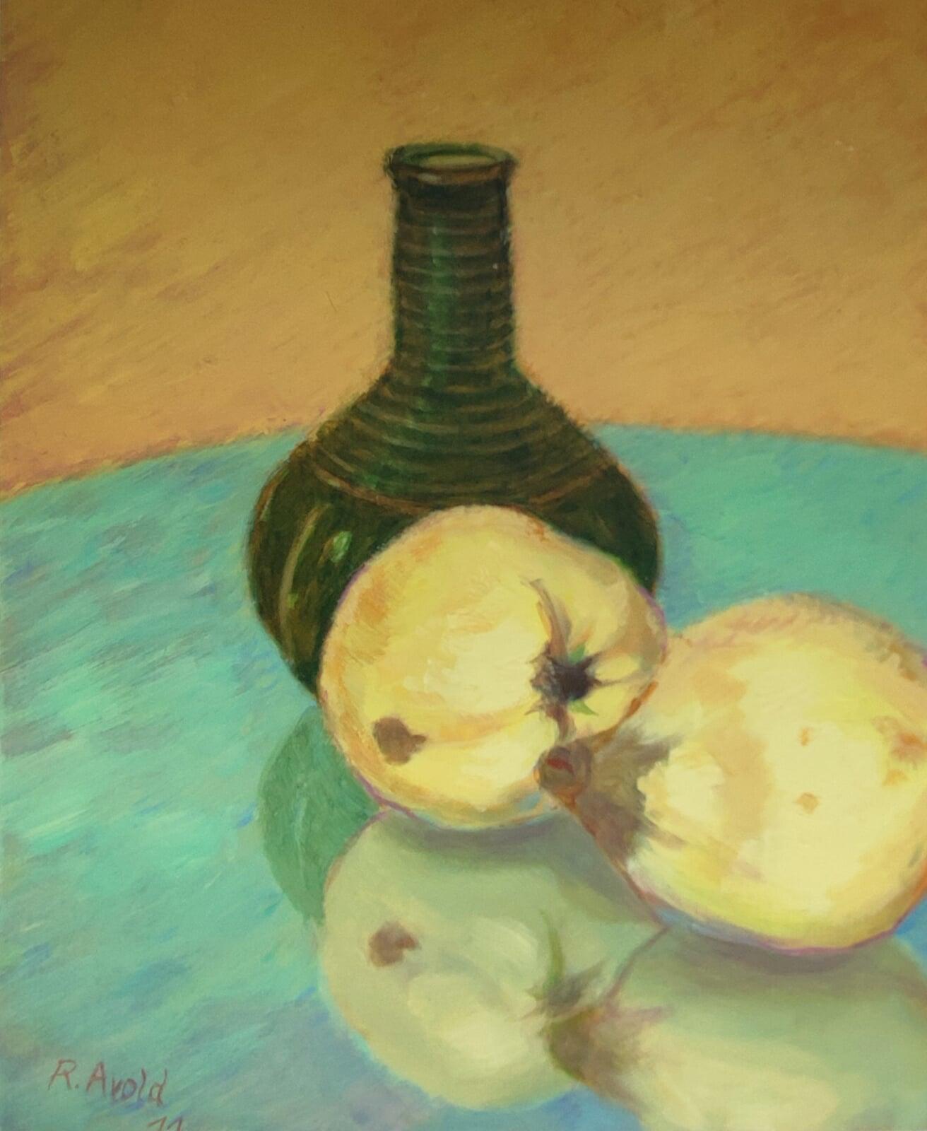 Quitten an gruener Vase